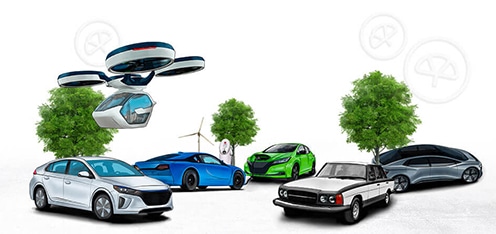 Variedad de carros antiguos y prototipos de carro en del futuro. 6 carros.